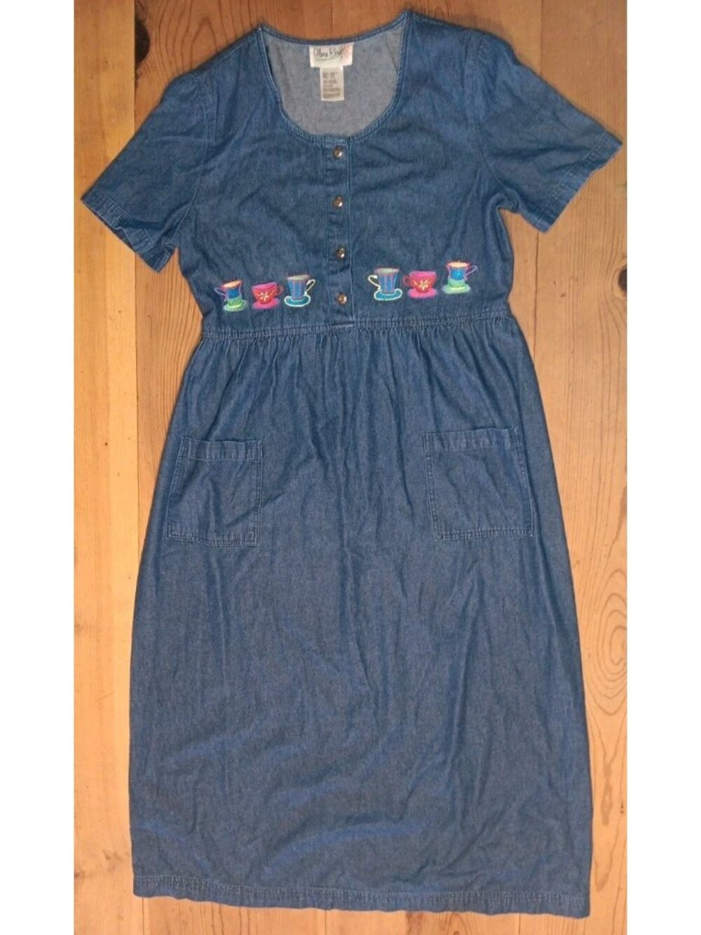 Vtg Olivia Rose Denim Shirt Dress Women 12 M Embroidered  Coffee Tea Cups Midaxi